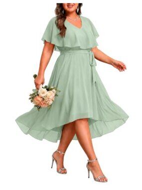 Plus Size Chiffon Semi Formal High Low Dress Ruffle V-Neck Wedding Guest